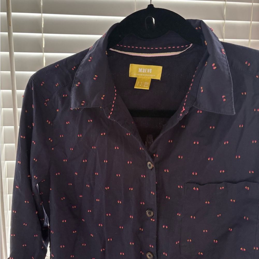 Maeve Navy Button-Down Shirt with Small Pink Dot Print - 100% Cotton